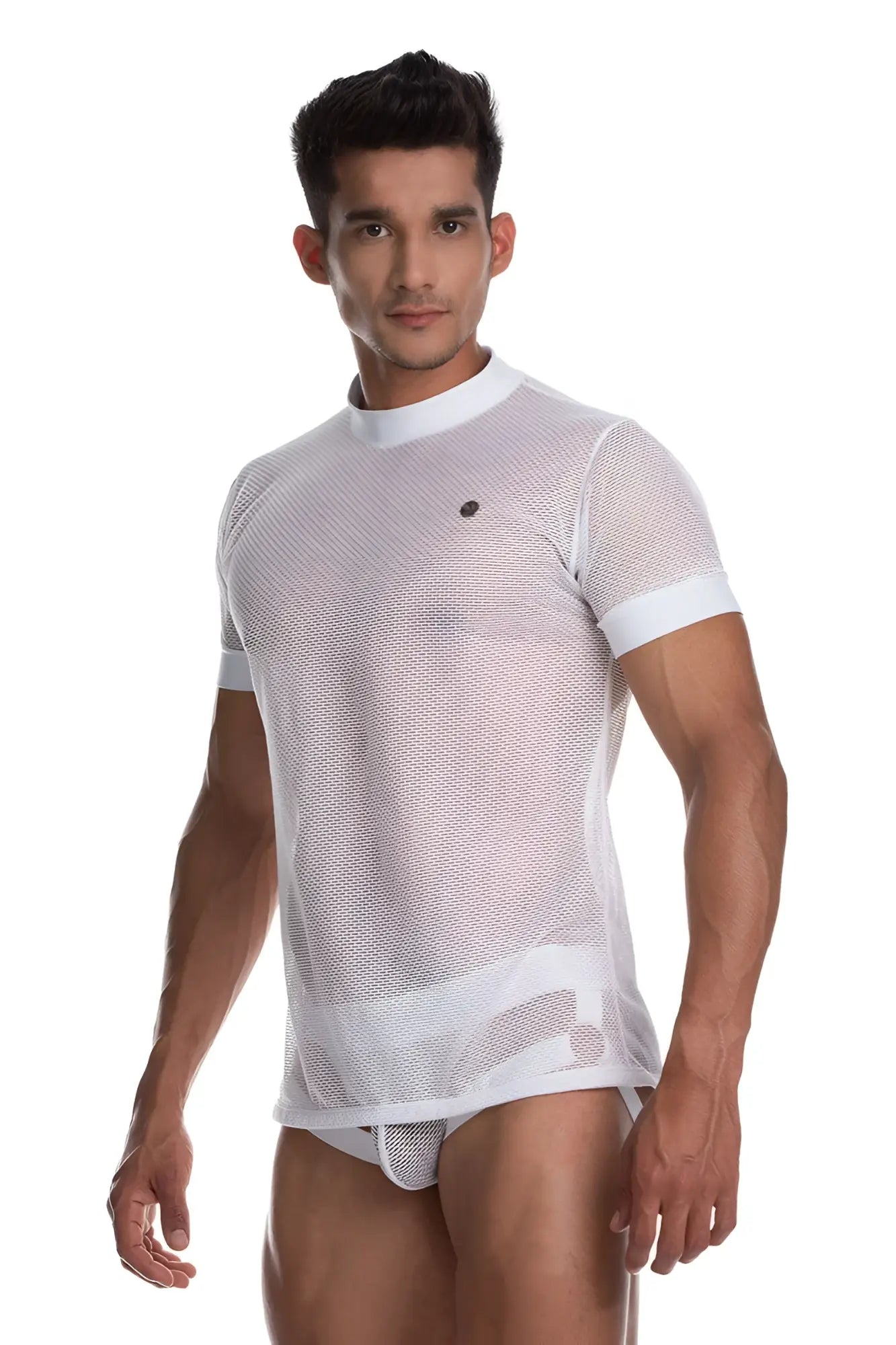 Gigo SECRECY white mesh short-sleeved t shirt with solid collar and sleeve cuffs size S/M