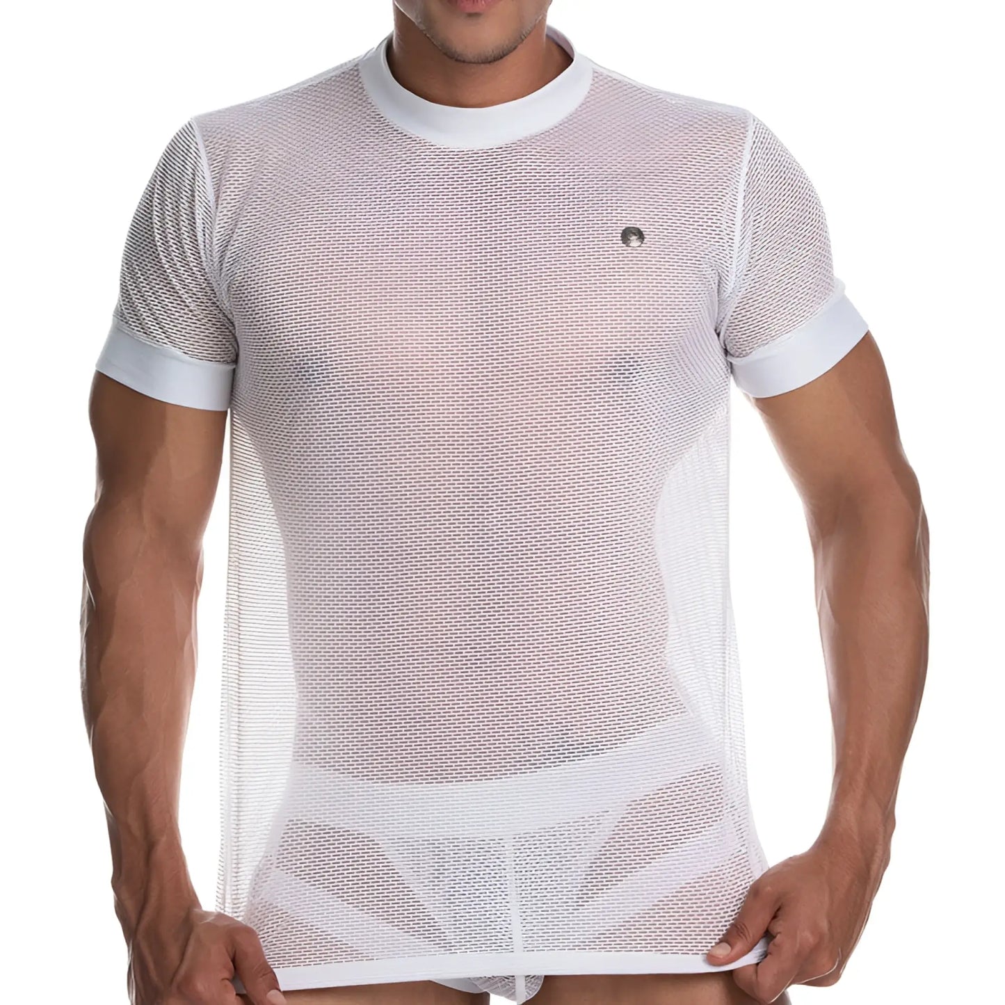 Gigo SECRECY white mesh short sleeved t shirt with subtle textured pattern and small circular logo on chest size S/M