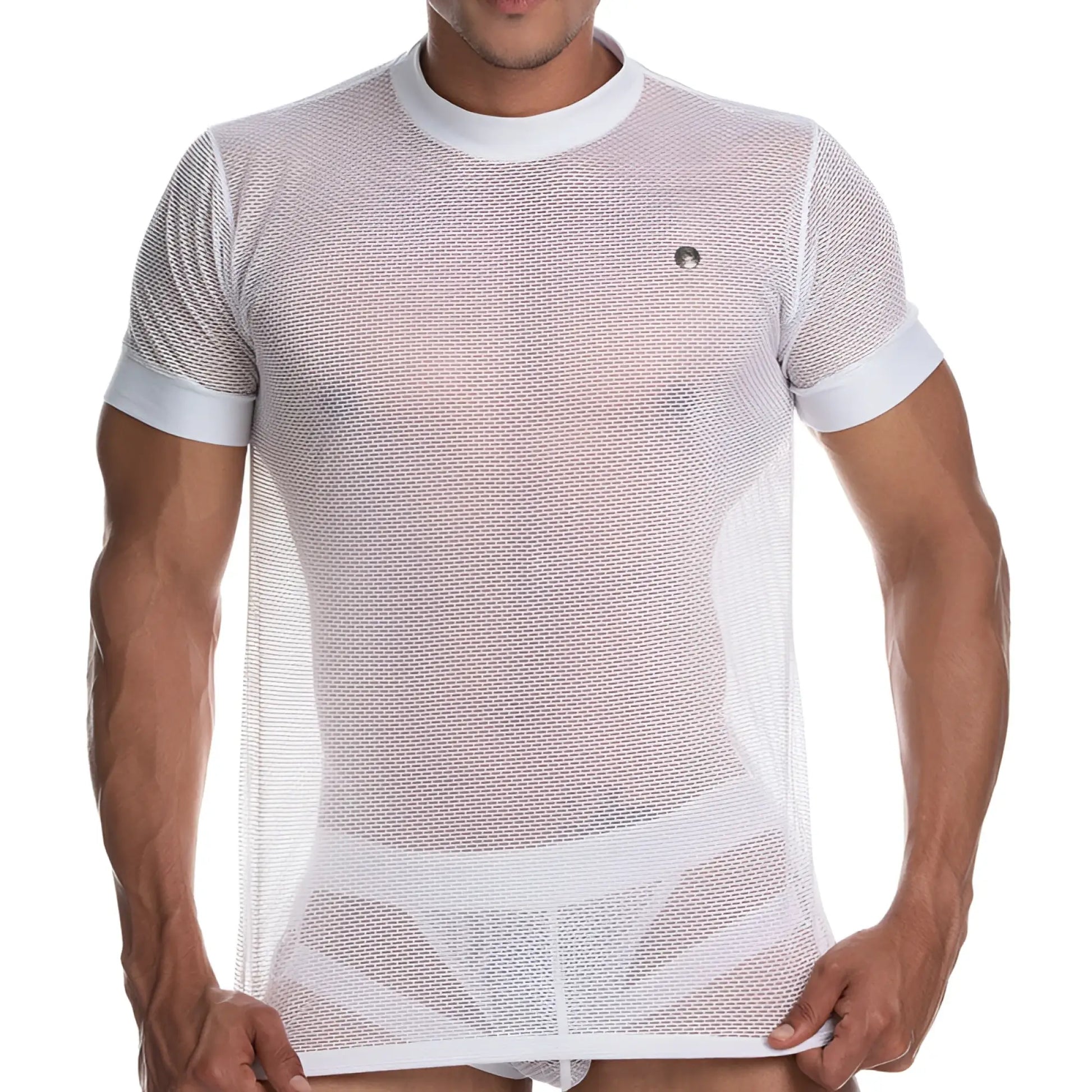 Gigo SECRECY white mesh short sleeved t shirt with subtle textured pattern and small circular logo on chest size S/M
