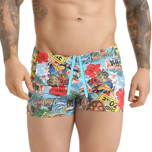 Vibrant gigo seventies beachwear swim trunks with colorful surfboards flowers and license plates in blue red yellow and green
