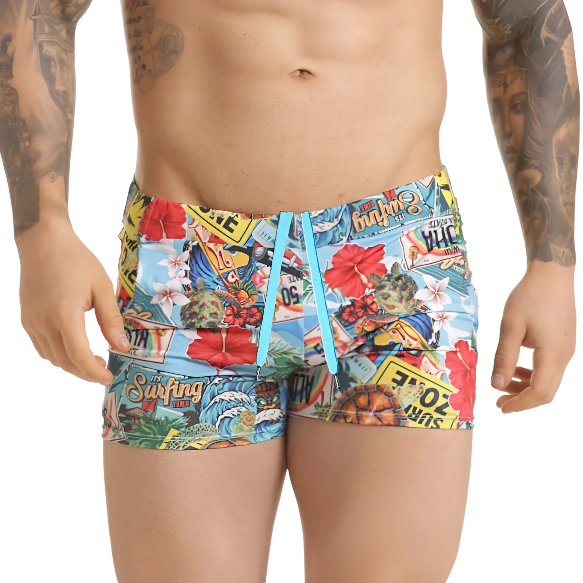 Vibrant gigo seventies beachwear swim trunks with colorful surfboards flowers and license plates in blue red yellow and green