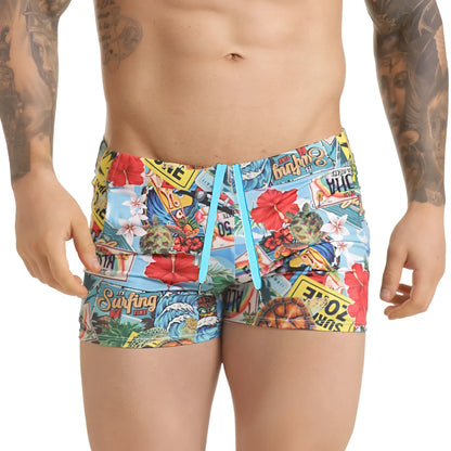 Vibrant gigo seventies beachwear swim trunks with colorful surfboards flowers and license plates in blue red yellow and green