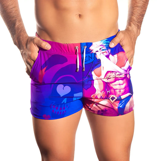 Gigo Sexy Men Beachwear vibrant two-tone pink and blue swim trunks with bold anime and skull motifs for casual beachwear
