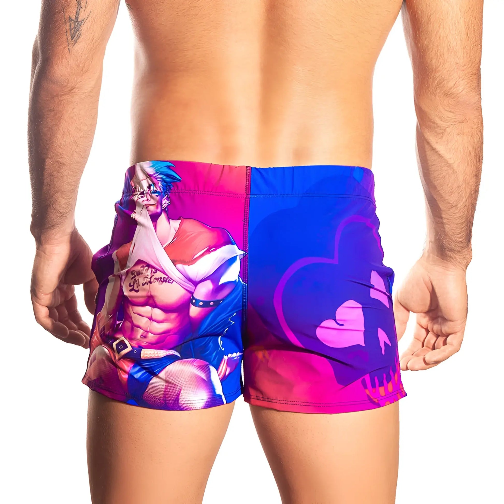 Gigo sexy men beachwear vibrant two toned swim trunks with bold anime print and abstract heart motifs for summer