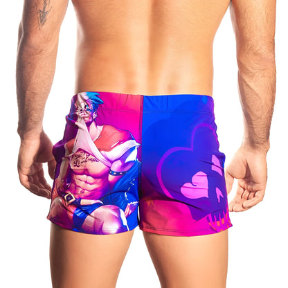 Gigo sexy men beachwear vibrant two toned swim trunks with bold anime print and abstract heart motifs for summer