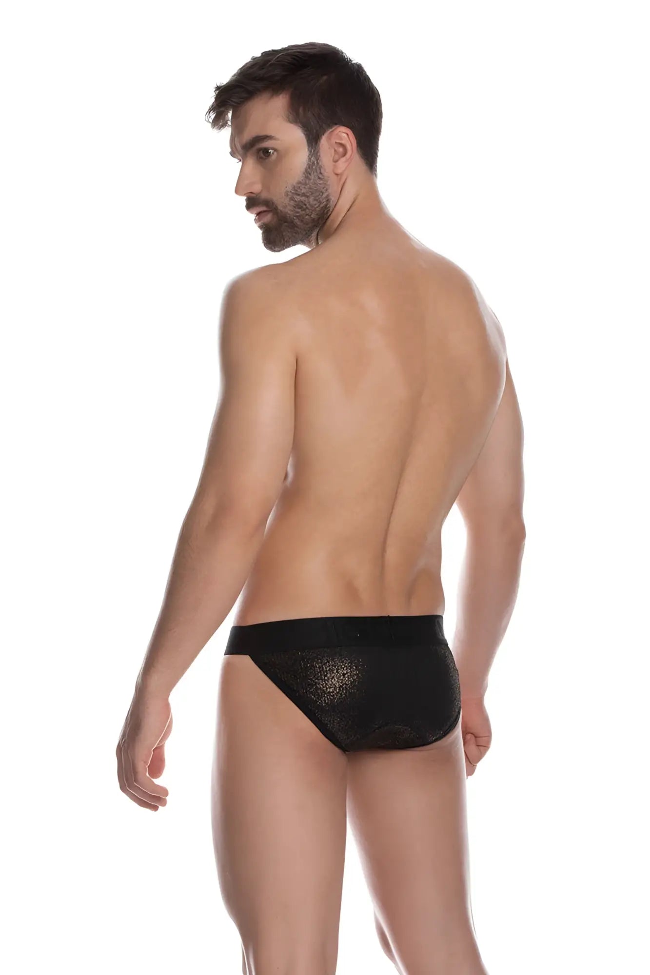 Black lace briefs with subtle shimmering texture in sheer black bikini style by gigo in size xl