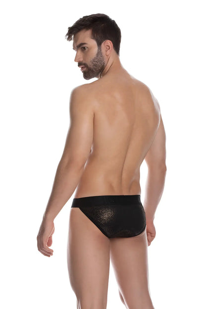 Black lace briefs with subtle shimmering texture in sheer black bikini style by gigo in size xl