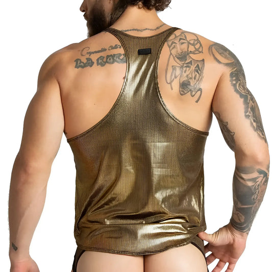 Gigo Shinese tank shiny gold metallic ribbed tank top with a sleek textured finish perfect for stylish wear