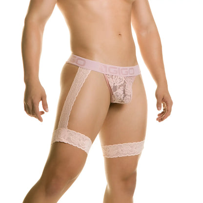 Pink lace thong with matching pink gelbert belt garter straps featuring floral pattern and nigigo waistband branding