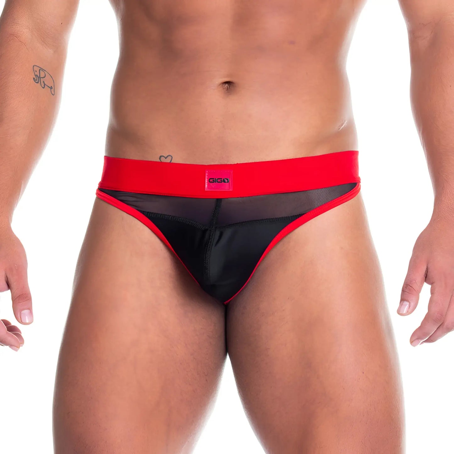 Black and red mesh thong with bold red waistband featuring giga logo from the gigo skin red gstring collection