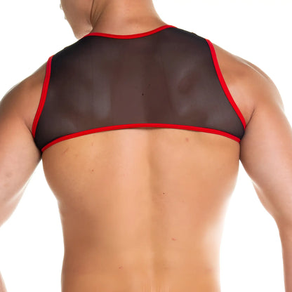 Black mesh tank top with red trim from gigo skin red harness featuring breathable mesh fabric and bold red edging