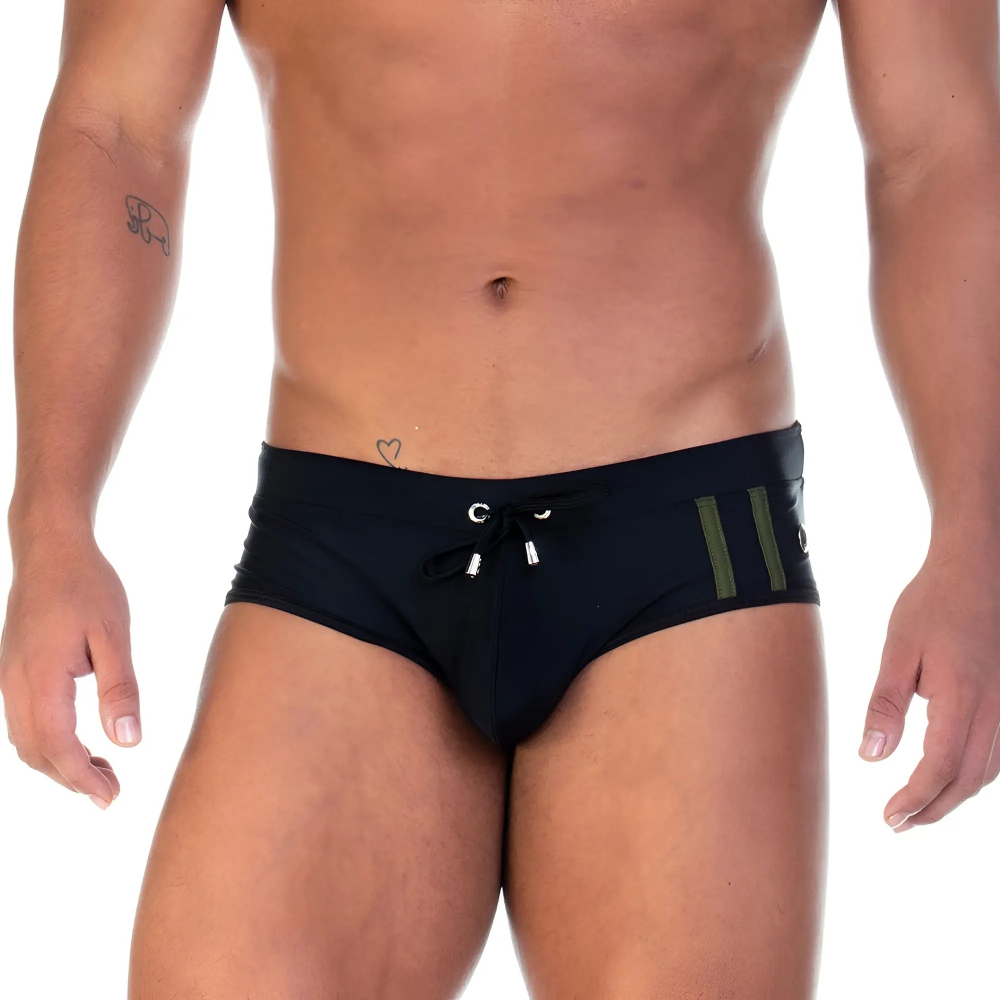Gigo Soccer black swim brief with olive green vertical stripes and silver-toned drawstring hardware for swimming