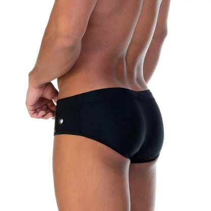 Gigo Soccer black swim brief with sleek form-fitting design and silver button on the side made of swim fabric