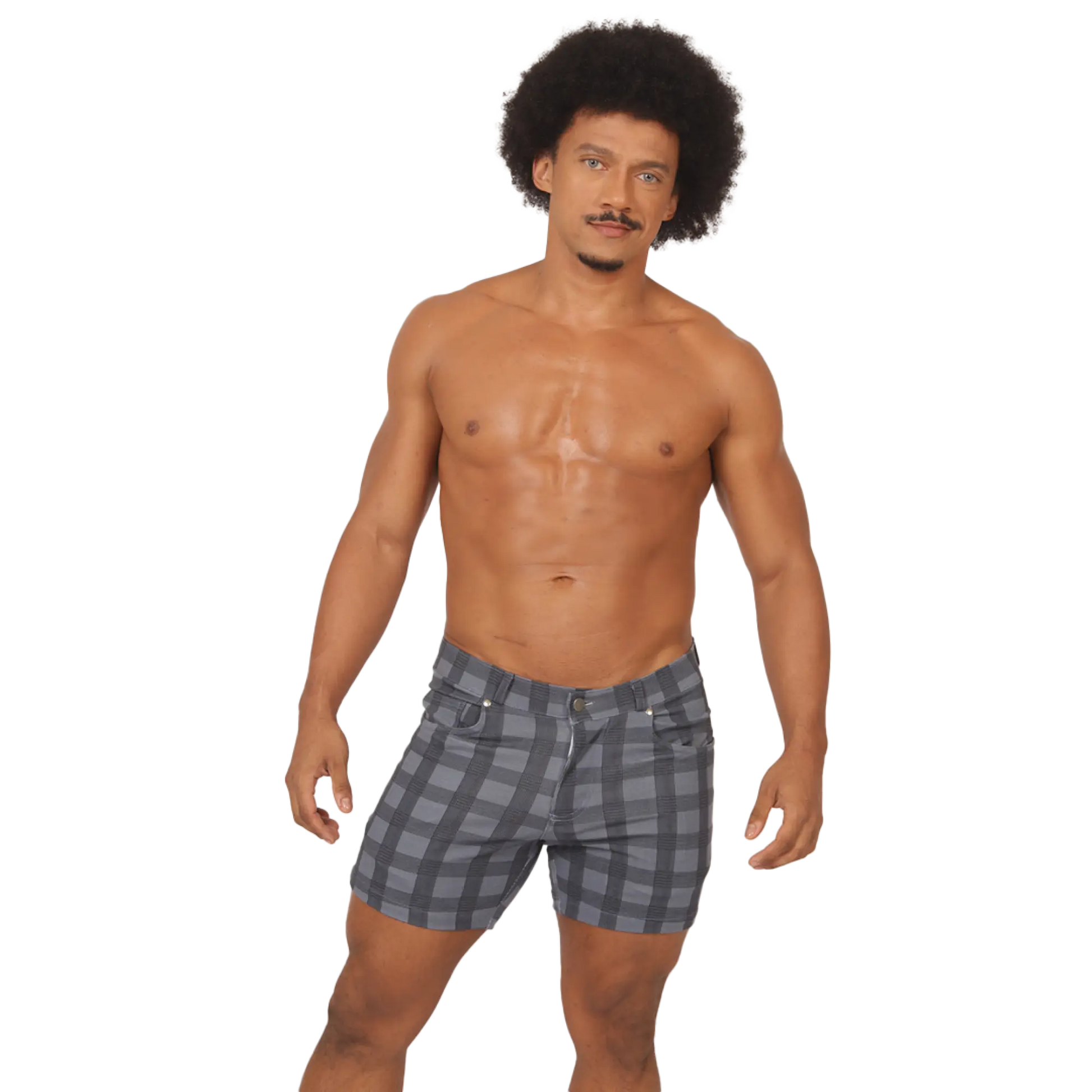 Gray and black plaid denim shorts with classic five-pocket design from gigo social blue square short collection
