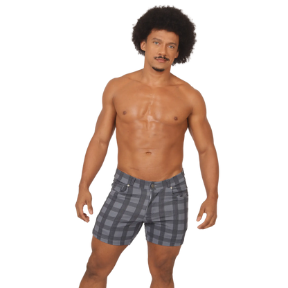 Gray and black plaid denim shorts with classic five-pocket design from gigo social blue square short collection