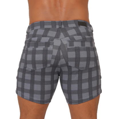 Gray and black plaid gigo social blue square shorts with subtle textured weave for casual wear