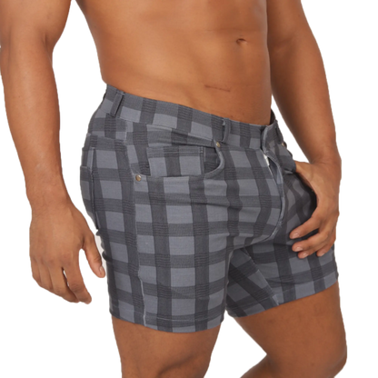 Gigo social blue square short gray and black plaid tailored fit shorts for casual and social wear
