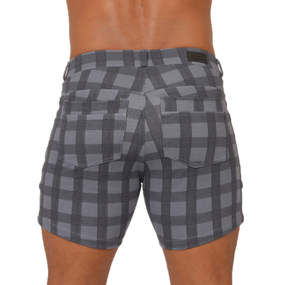 Gray and black plaid gigo social blue square shorts with subtle textured weave for casual wear