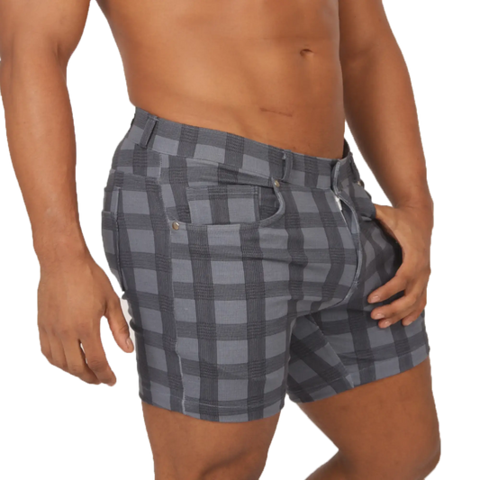 Gigo social blue square short gray and black plaid tailored fit shorts for casual and social wear