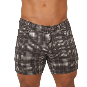 Gigo social gray square short black and white plaid shorts with classic button closure perfect for casual wear