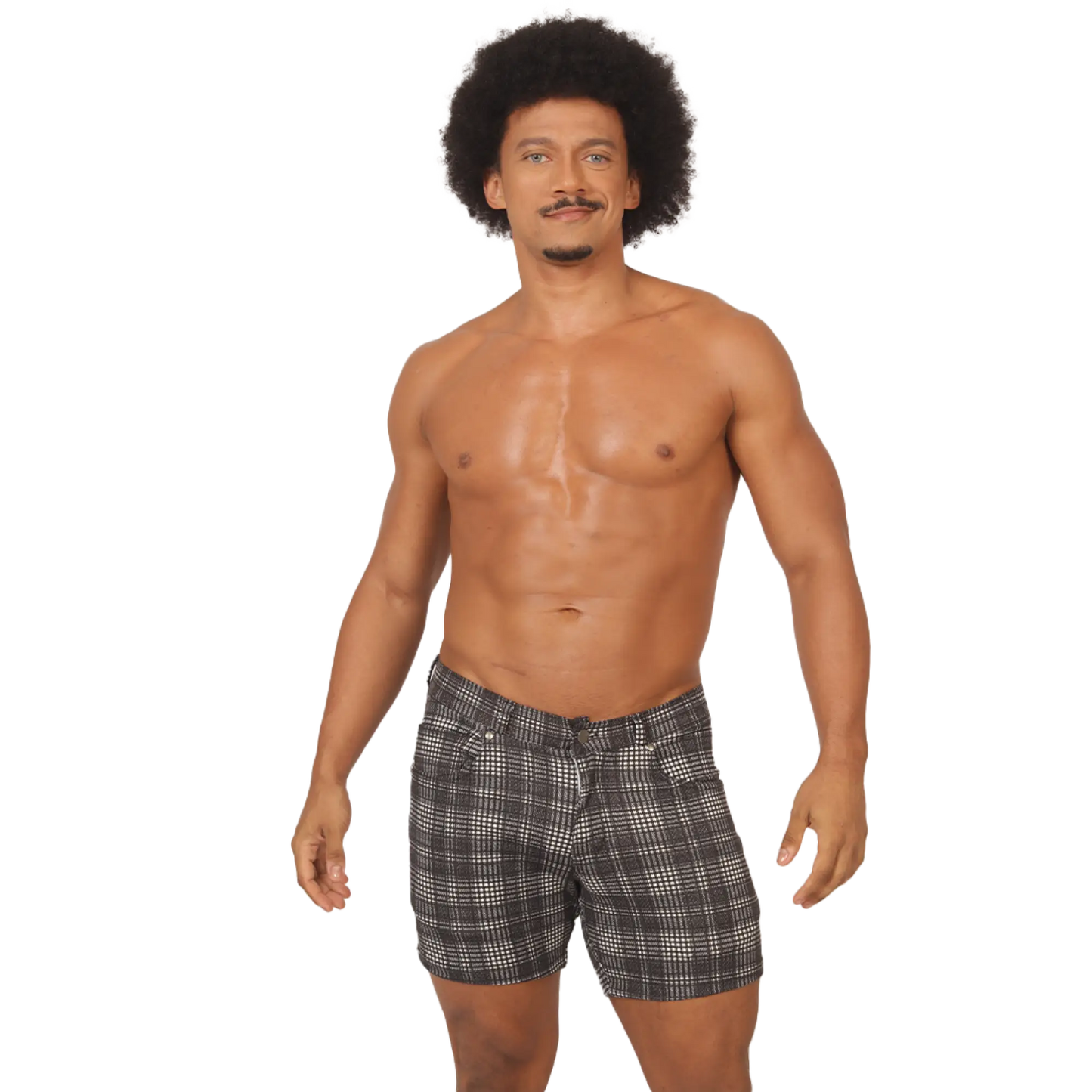 Black and white checkered gigo social gray square short menâ€™s plaid cotton shorts front view