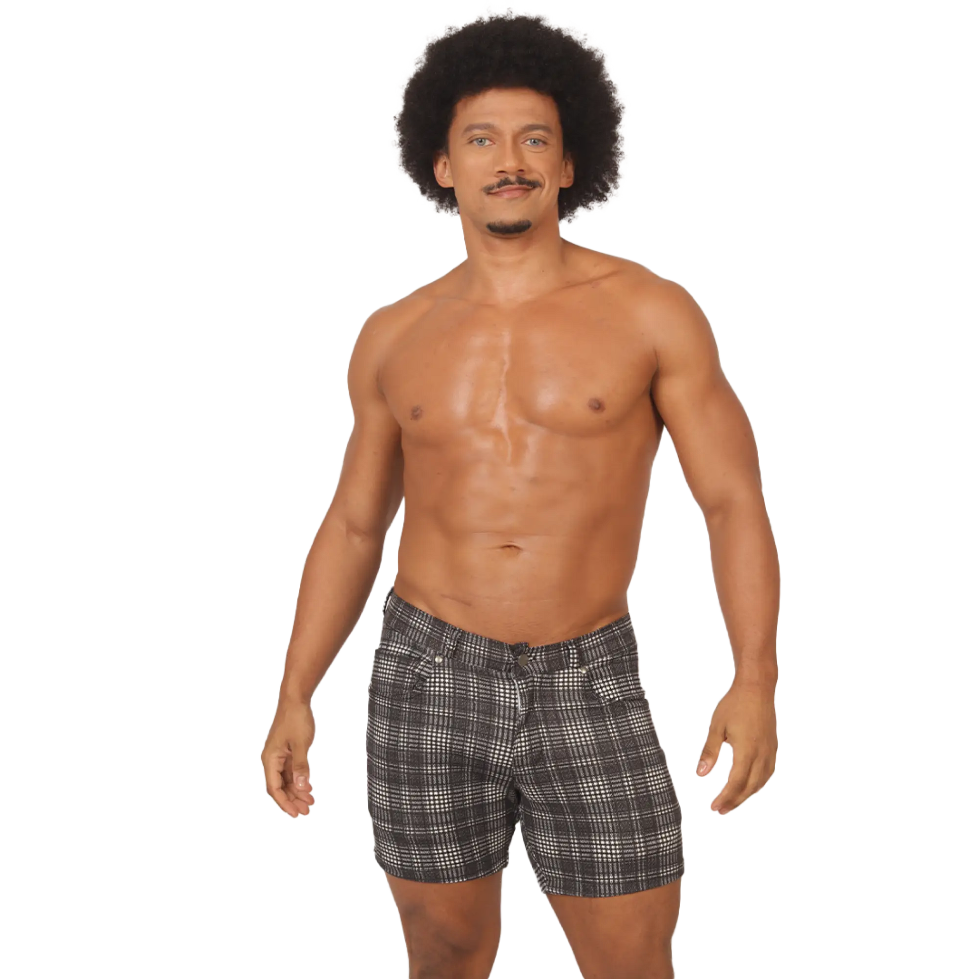 Black and white checkered gigo social gray square short menâ€™s plaid cotton shorts front view