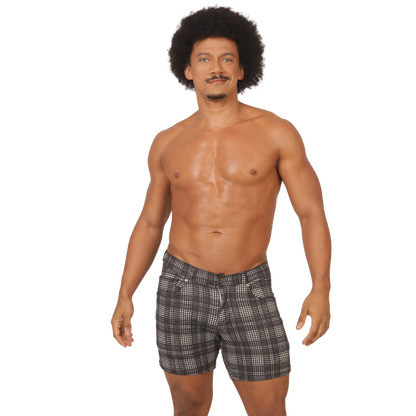 Black and white checkered gigo social gray square short menâ€™s plaid cotton shorts front view