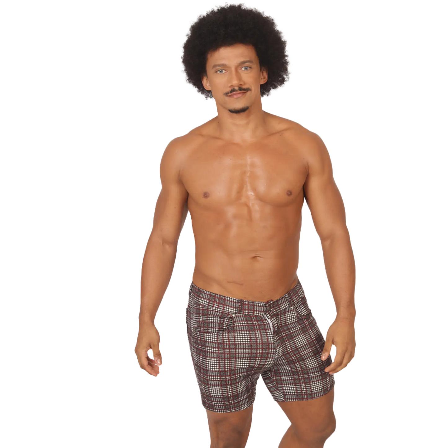 Menâ€™s gigo social red short plaid swim trunks in brown white and black for casual beachwear