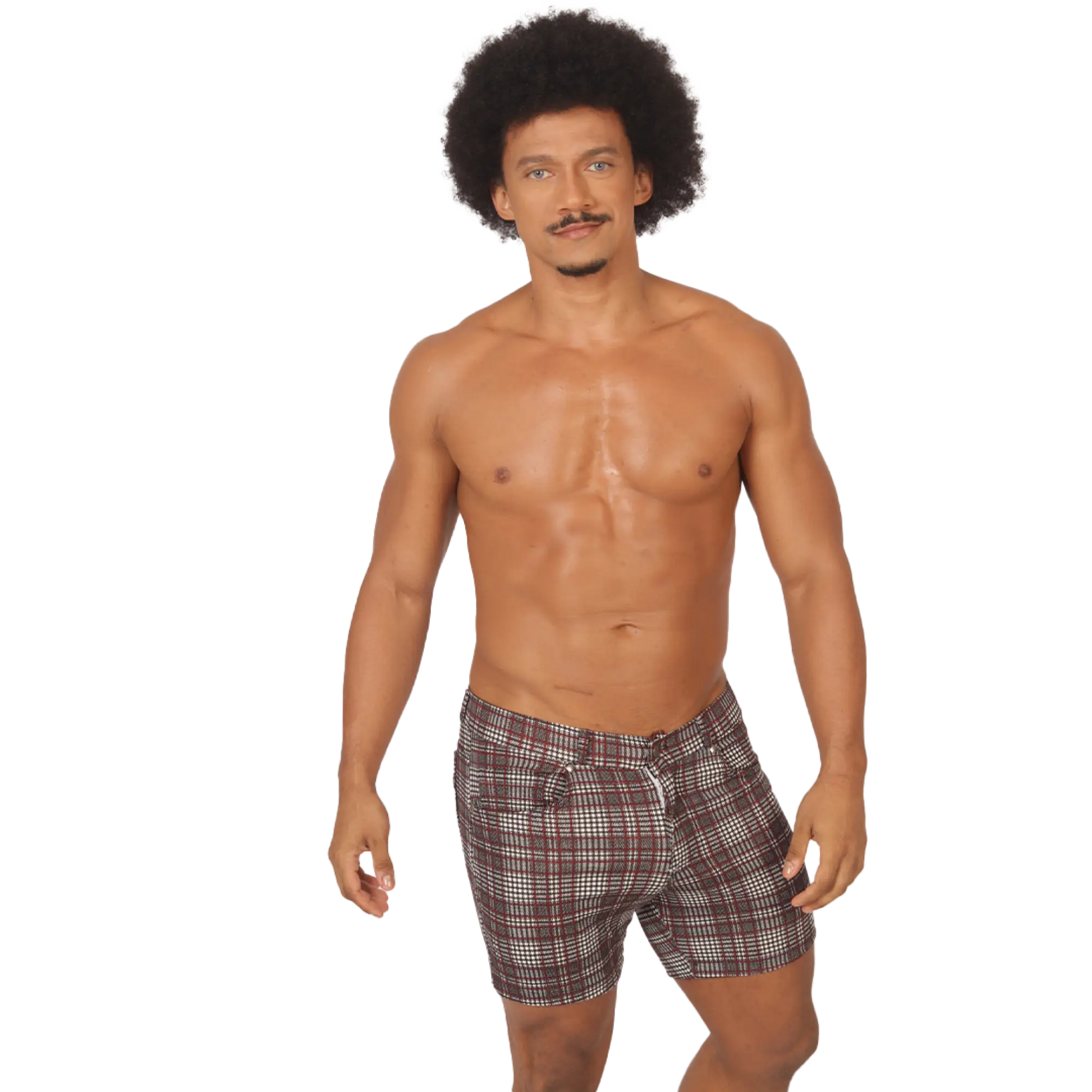 Menâ€™s gigo social red short plaid swim trunks in brown white and black for casual beachwear