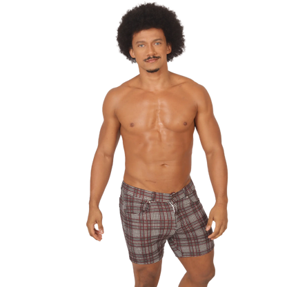 Menâ€™s gigo social red short plaid swim trunks in brown white and black for casual beachwear