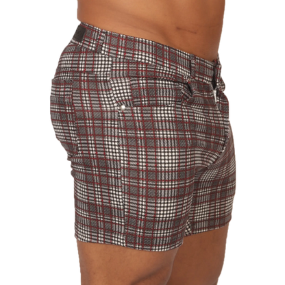 Gigo Social Red Short plaid patterned menâ€™s shorts in red white and gray tones perfect for casual wear