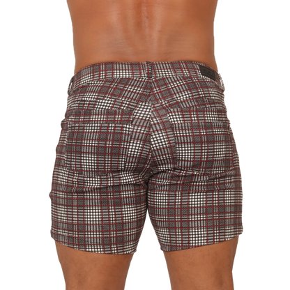 Gigo Social Red Short plaid-patterned menâ€™s shorts in maroon white and dark gray perfect for casual wear