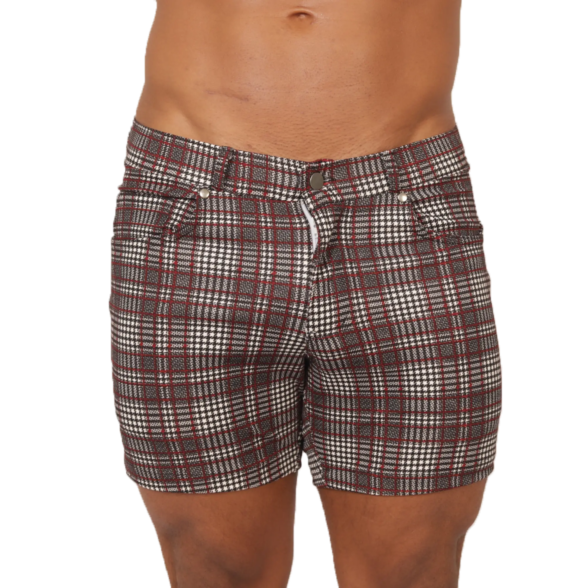Gigo social red short plaid-patterned shorts in maroon white and dark gray perfect for casual wear