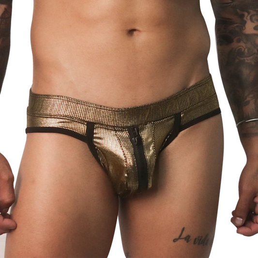 Metallic gold jockstrap with a textured finish, black trim, and a functional front zipper closure.