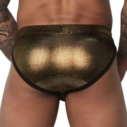 Metallic gold brief with a textured finish, thick waistband, and black trim, worn from the back.