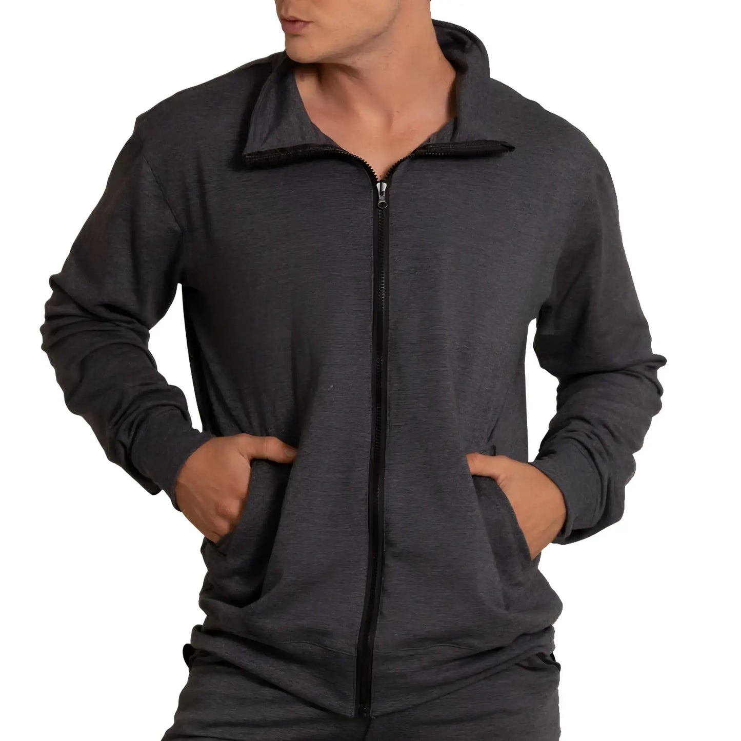 Gigo sport jacket dark gray heathered zip-up hoodie with black zipper and ribbed cuffs in soft fabric