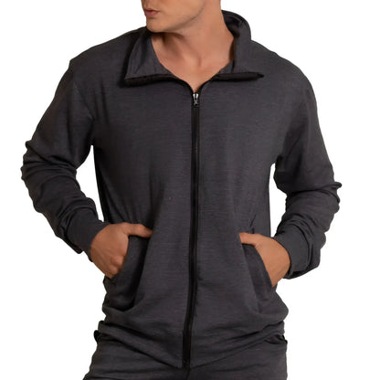 Gigo sport jacket dark gray heathered zip-up hoodie with black zipper and ribbed cuffs in soft fabric