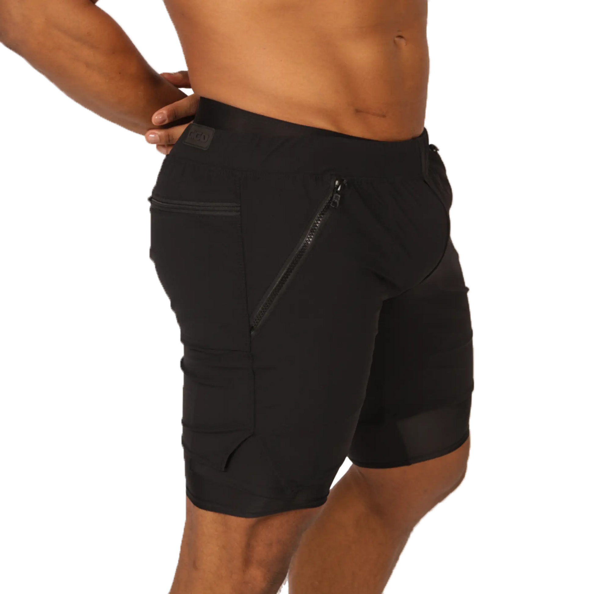 Gigo sporty black athletic shorts with sleek form-fitting design and multiple zippered pockets for secure storage