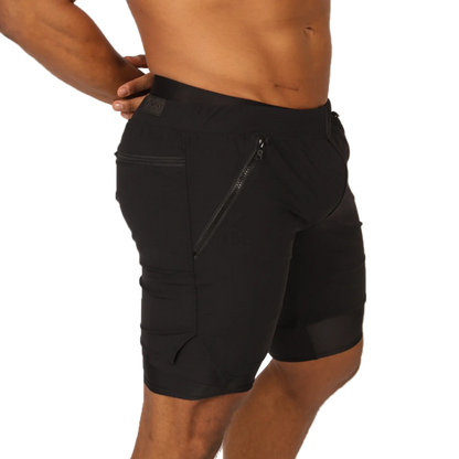 Gigo sporty black athletic shorts with sleek form-fitting design and multiple zippered pockets for secure storage