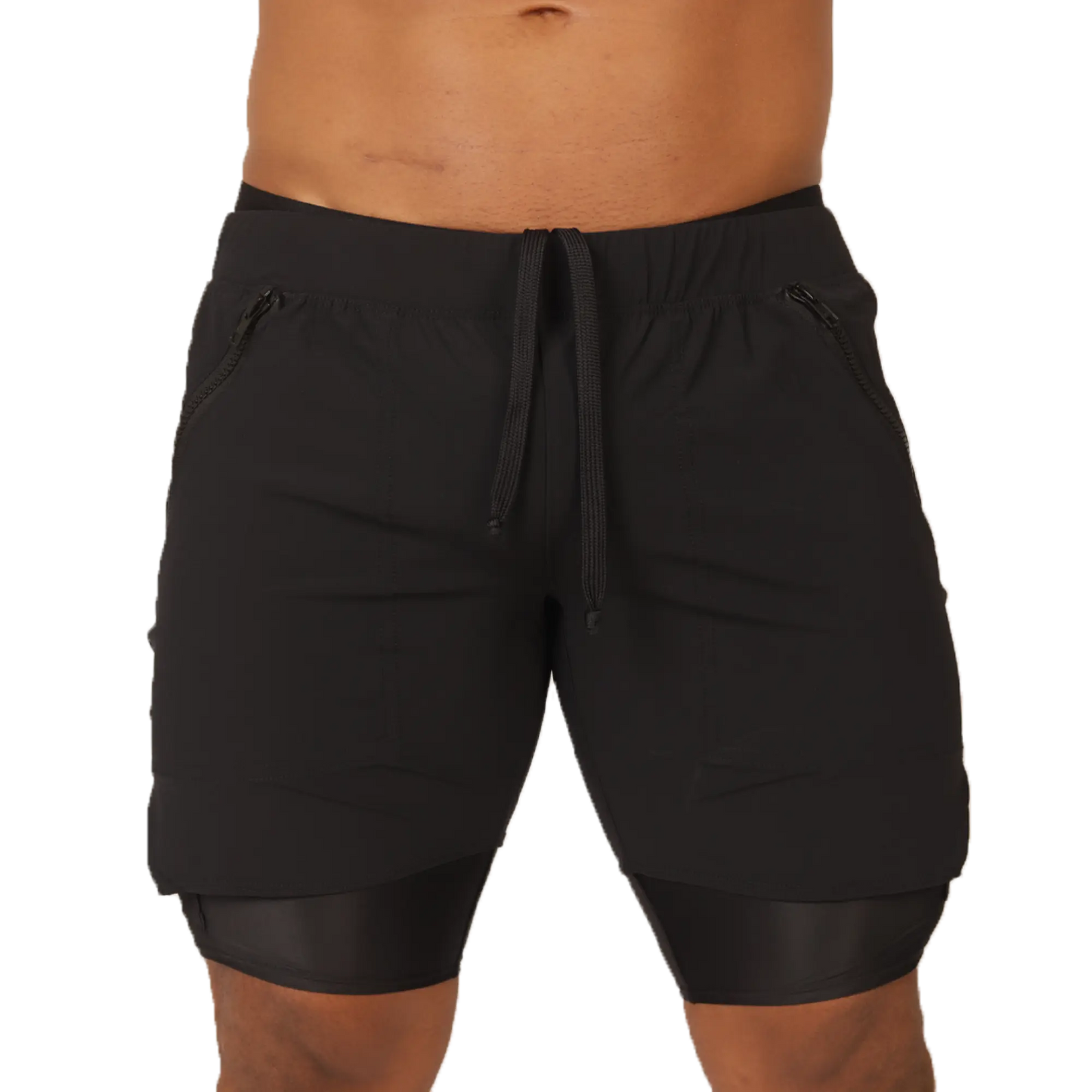 Gigo sporty black shorts with drawstring waistband zippered side pockets and layered hem design for athletic use