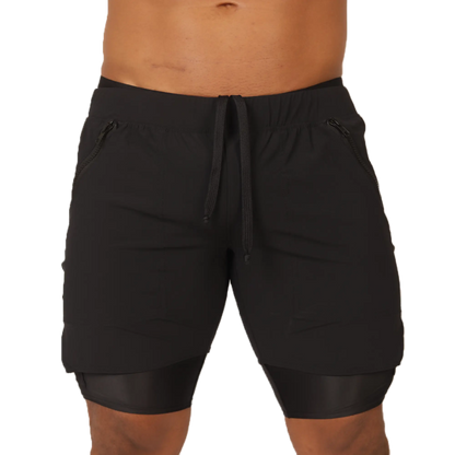 Gigo sporty black shorts with drawstring waistband zippered side pockets and layered hem design for athletic use