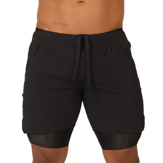 Gigo sporty black shorts with drawstring waistband zippered side pockets and layered hem design for athletic use