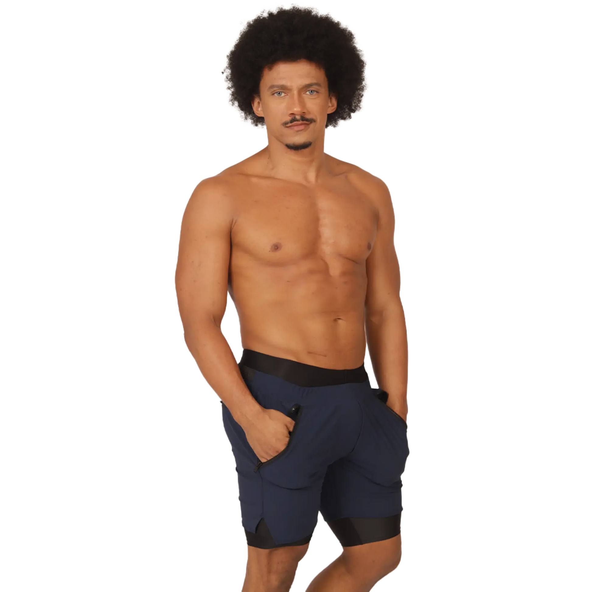 Navy blue Gigo sporty athletic shorts with black elastic waistband and hem trim designed for activewear use