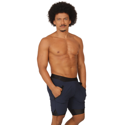 Navy blue Gigo sporty athletic shorts with black elastic waistband and hem trim designed for activewear use