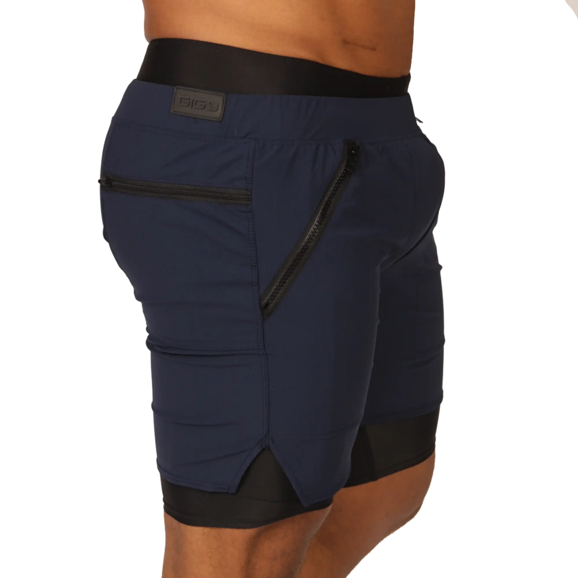 Gigo sporty blue short navy blue athletic shorts with black elastic waistband and side zipper pockets