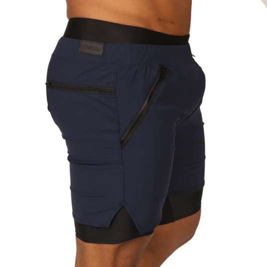 Gigo sporty blue short navy blue athletic shorts with black elastic waistband and side zipper pockets