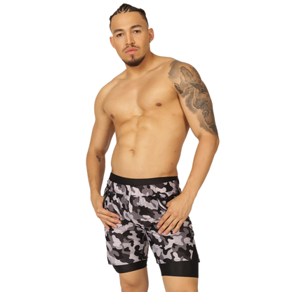 Gigo sporty camouflage short black and gray camo athletic shorts with black waistband for active wear