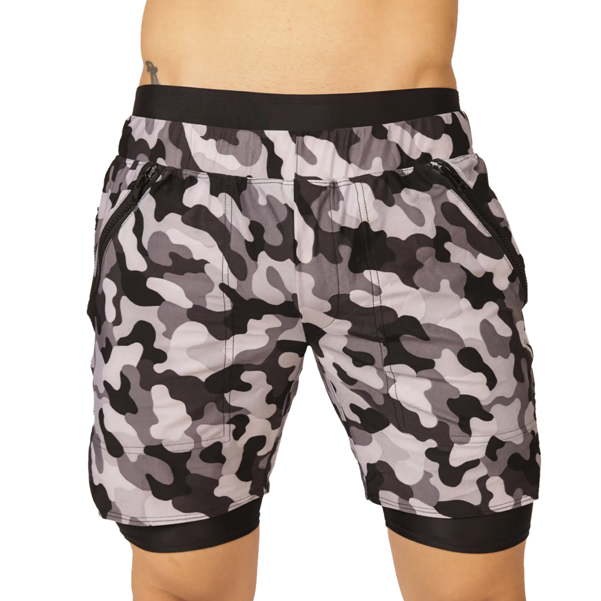 Gigo sporty camouflage short in black gray and white pattern with black elastic waistband and hem trim for athletic use
