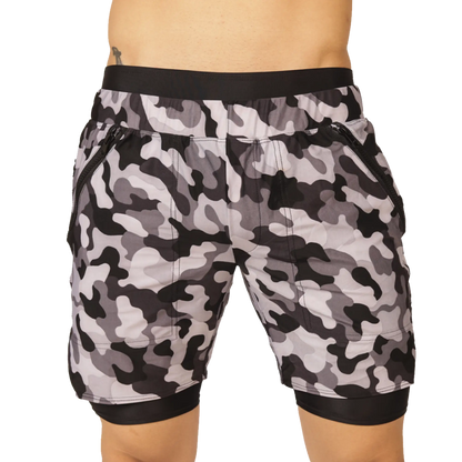 Gigo sporty camouflage short in black gray and white pattern with black elastic waistband and hem trim for athletic use