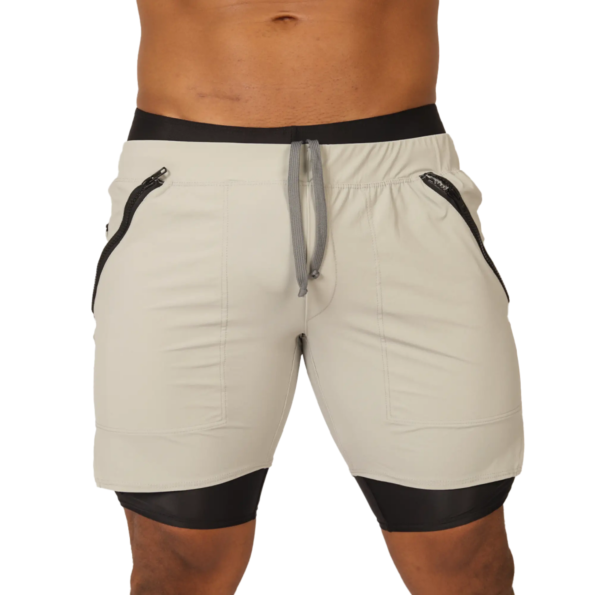 Cream-colored Gigo sporty gray short with black trim, side zippers, and drawstring waistband for athletic use